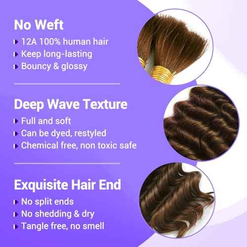 Human Braiding Hair for Boho Braids 110g Deep Wave Boho Bulk Human Hair for Braiding Knotless 12A Wet and Wavy Bohemian 3 No Weft Bundles/Pack Curly Braids Brown 18 Inch