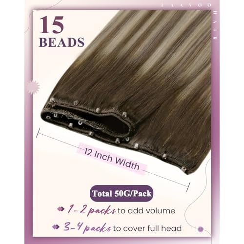 LaaVoo Beaded Weft Hair Extensions Human Hair Ombre Beaded Human Hair Extensions Ash Brown to Blonde Mix with Platinum Blonde 20incsh 50g