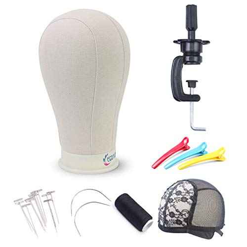 EERYA 21-24 Inch Canvas Block Head Set for Wig Display Making Hair Weave and Styling Mannequin Head with Mount Hole C Stand, Styling Hair Clips, T Needle, C Needles, Thread, Lace Wig Caps (22 Inch)