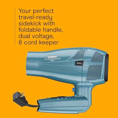 Conair Cord-Keeper Dryer with Folding Handle and Retractable Cord, 1875W Travel Hair Dryer, Ionic Technology, Teal