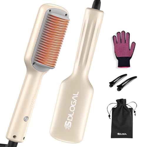 SDLOGAL Hair Straightener Brush, Hair Straightener Comb Straightening Brush for Women, with 5 Temps & Fast Heating, Easy and Fast Salon-Style, Plus Dual Voltage Travel Friendly-(Beige)