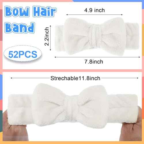Tigeen 52 Pieces Spa Headband for Washing Face Bulk Soft Coral Fleece Skincare Headband, Bow Makeup Cosmetic Hairband Fluffy Shower Spa Essentials for Girls Women Slumber Supplies(White,Solid Series)