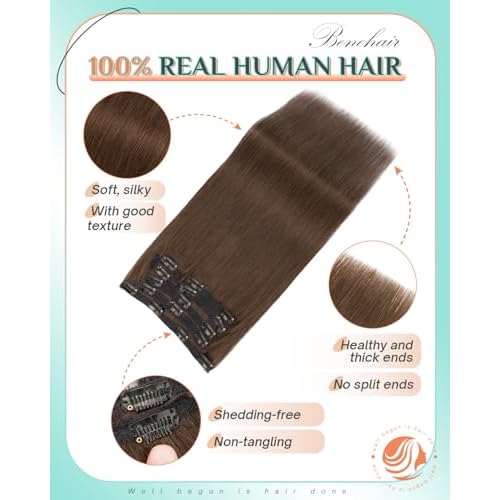 Benehair Clip in Hair Extensions Real Human Hair 22inch Double Weft Dark Brown Hair Extensions Clip in Human Hair Invisible Lace Weft Straight Hair Extensions Clip ins 7pcs with 16 Clips 130g #2