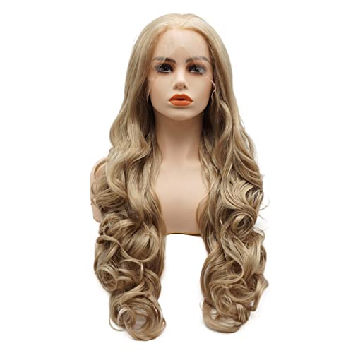 Hair Synthetic Lace Front Wig Wavy Long 26inch Blonde Auburn Mix Half Hand Tied Heavy Density Realistic Wig