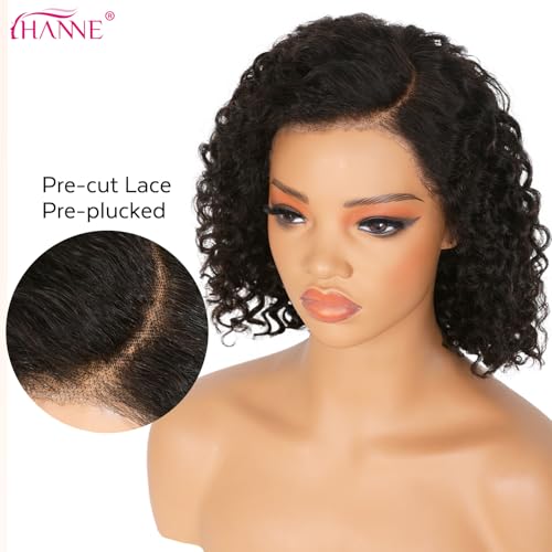 HANNE 12 Inch 13x4 Short Curly Human Hair Wigs 180% Density HD Lace Front Wig Glueless Wigs Human Hair Pre Plucked Pre Cut Curly Bob for Black Women
