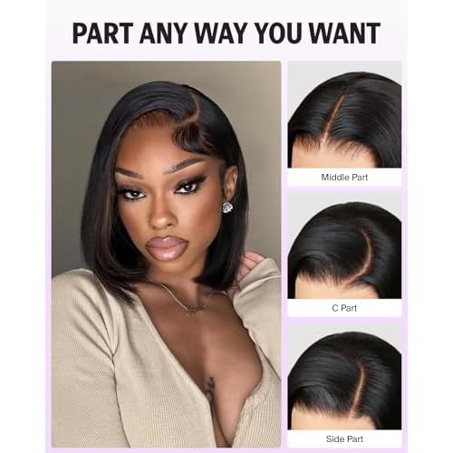 Short Bob Wig Human Hair 13x4 HD Lace Front Wig Human Hair Pre Plucked with Baby Hair 210% Density Natural Black Straight Bob Wigs for Black Women 10 Inch