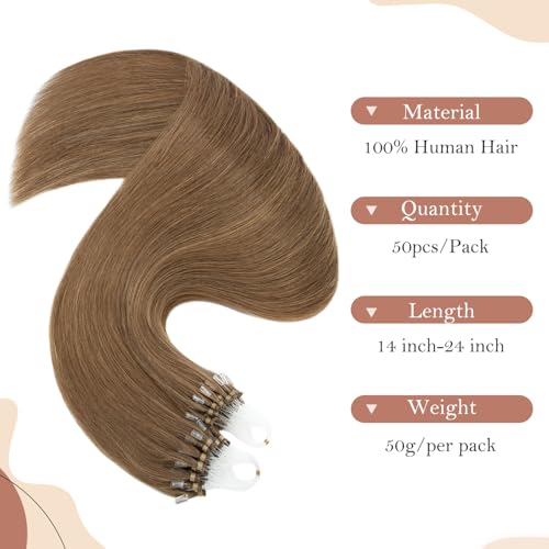 Micro Loop Hair Extensions, 100% Remy Human Hair, Microlink Extensions, No Tangle & Smooth, 50 Strands 50g, 22 Inch #Light Brown