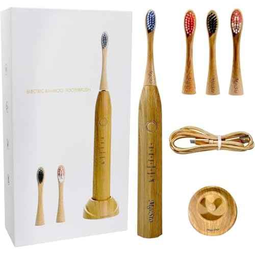 Electric Bamboo Toothbrush Sonic Toothbrush - 4 Replaceable Bamboo Brush Heads Eco-Friendly IPX7 Waterproof Electric Toothbrush, One-Button Switch Five-Mode Brushing