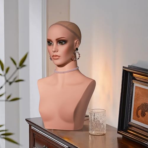 J&F CO. Realistic Europe and America Female Mannequin Head with Shoulder Display Manikin Heads Bust Wig Stand with Head for Wigs,Caps,Makeup,Beauty Accessories (DP 496 YH)