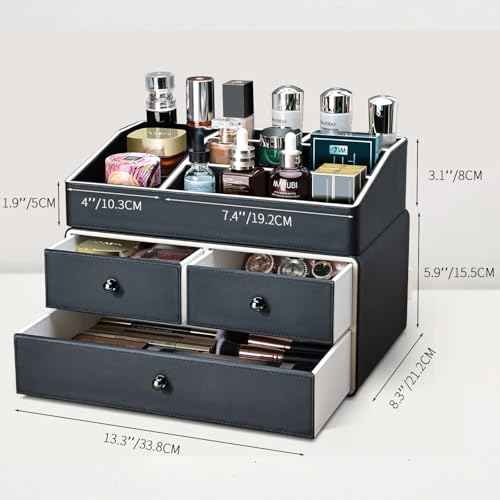 KINGFOM 2 Tier PU Leather Makeup Organizer with 3 Drawers, Cosmetic Storage Organizers for vanity Dresser Countertop and Bathroom Vanity, Beauty Holder for Lipstick Brush Skincare (Black)