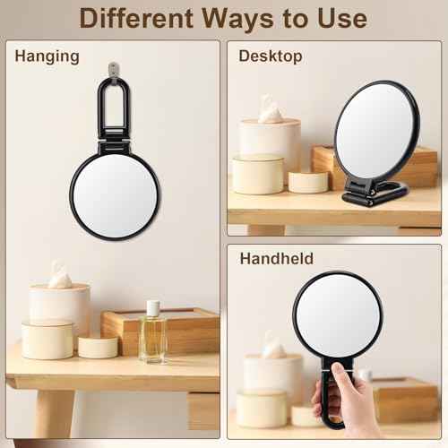 BOOMIBOO 1X/10X Magnifying Handheld Mirror Double Sided, Foldable Travel Makeup Mirror, Adjustable Rotation Pedestal Hand/Hanging/Desk Vanity Mirror-Black