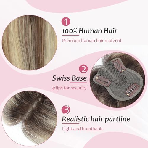 Hair Toppers for Women Upgrade Swiss Lace Base Human Hair Topper with No Bangs 360¡Æ3D Cover Fake Bangs Hair Topper with Thinning (Ombre Light Brown with Blond Highlight)