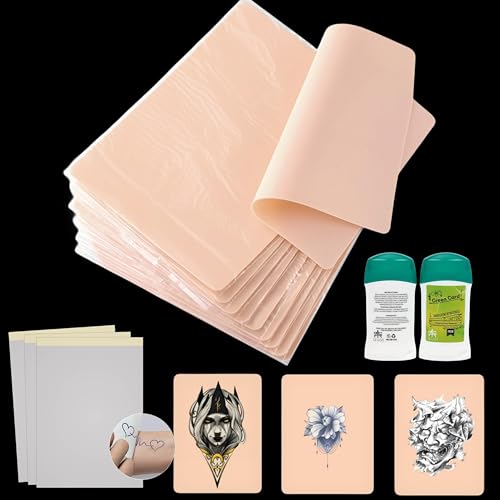 Tattoo Practice Skin Kit, 21-Piece Set Includes 10 Blank Permanent Makeup Tattoo Practice Fake Skins, 10 Transfer Papers, and 1 Transfer Cream, Suitable for Beginners and Experienced Tattoo Artists