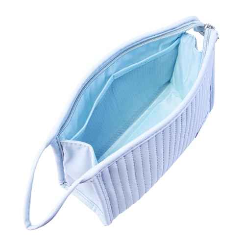 Small Makeup Bag Simple Cosmetic Pouch, Water Resistant PU Striped Leather Portable Travel Toiletry Bag with Handle for Women and Girls (Light Blue)