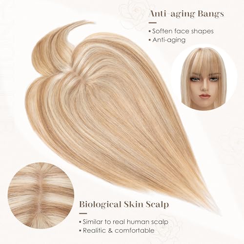 S-noilite Human Hair Toppers for Women with Bangs 100% Real Human Hairpiece 5"x3" Clip in Silk Base Topper Piece Cover Thinning Fine Hair 14 inch Golden Brown Highlighted Blonde