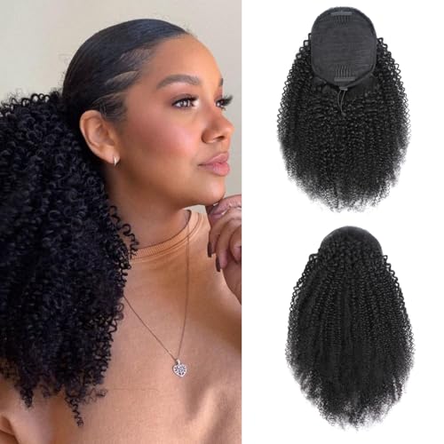 Afro Kinky Curly Ponytail Human Hair 150% Density Brazilian Virgin Hair 4C Afro Puff Drawstring Ponytail Extension for Black Women Natural Color 24 Inch