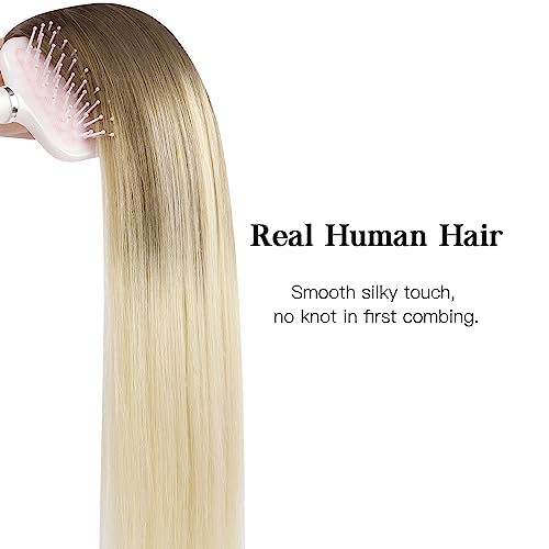 HOTBANANA Human Hair Clip in Hair Extensions, 9/60 Ash Brown to Platinum Blonde 120g Clip in Hair Extensions Real Human Hair Straight Remy Hair Clip in Hair Extensions 16 Inch 7pcs