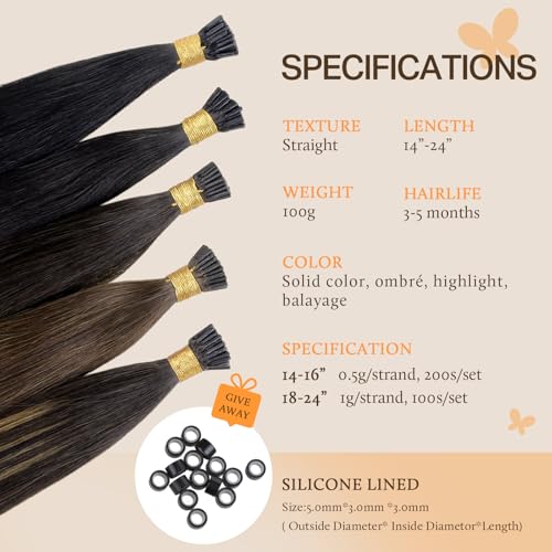 DOORES Itip Human Hair Extensions,16 Inch 100g 200s Itip Human Hair Extensions,Balayage Dark Brown to Chestnut Brown I Tip Hair Extensions,Cold Fusion Itip Remy Hair Extensions