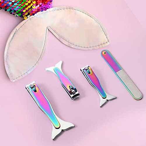 Honoson 4 Pieces Mermaid Nail Clipper Set Stainless Steel Nail Cutter Cute Mermaid Clippers Sturdy Fingernails and Toenail Cutter File Birthday Stocking Stuffers Christmas Gifts for Women