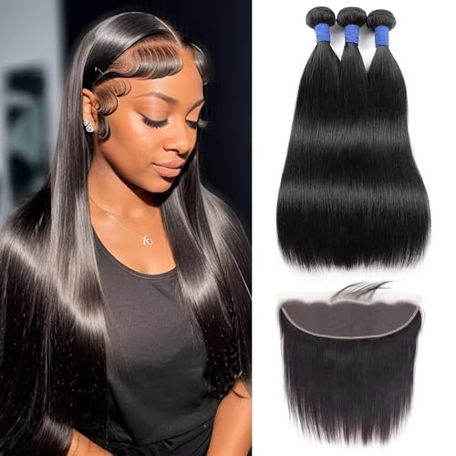10A Straight Bundles with Frontal 16 18 20 with 14 Inch Human Hair Bundles with Closure 100% Unprocessed Brazilian Virgin Human Hair Weave 3 Bundles with Frontal HD Lace