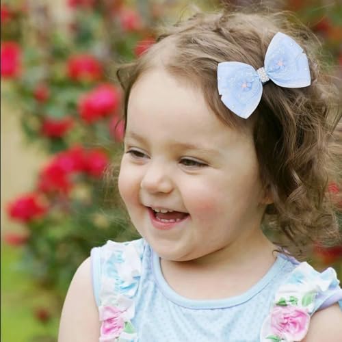 KISZU 4.5 Inch Flower Hair Bow Clips, Organza Bows with Pearls Big Hair Accessories for Baby Girls Kids Children Teens and Women (Blue)
