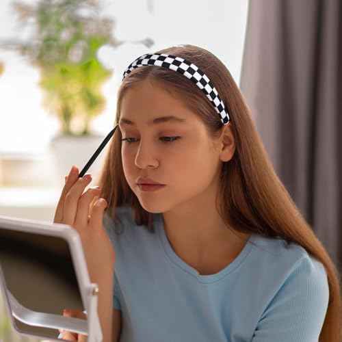 TIESOME 3Pcs Checkered Headbands, Black and White Checkered Headbands Buffalo Plaid Headband for Women Sponge Puffy Gingham Head Bands for Women Christmas Party Hair Accessories