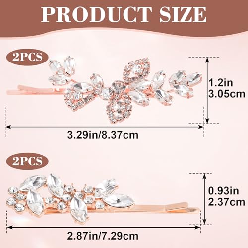 4PCS Rhinestones Hair Clips, Bridal Crystal Hair Pins, 2 Styles French Hairpins Alloy Leaf Shape Barrettes for Women, Girls for Wedding, Parties (Rose Gold, 2 Pairs)