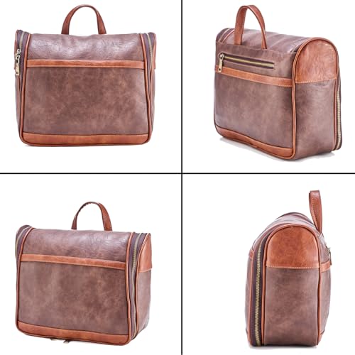 EURYNOME Hanging Toiletry Bag for Women and Men, Large PU Leather Toiletries Organizer, Water-resistant Bathroom Shaving Kit for Cosmetics, Makeup Case