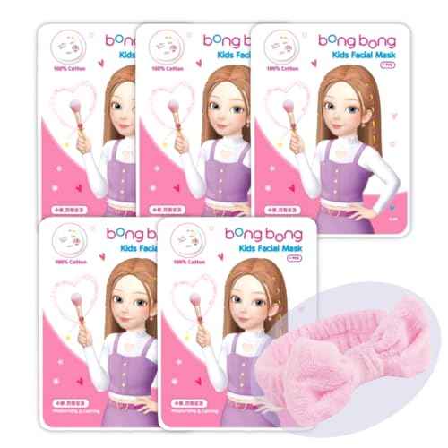 BB Kids Face Masks Spa 5-Pack With Spa Headband | Kids Facial Masks for Girls With 100% Cotton Sheets | Princess Facial Mask for Kids Spa Party Birthday Sleepover (5-Pack with Pink Band)