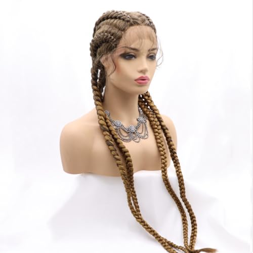 xiweiya 36¡±Long Blonde Brown Braided Wig 100% Hand Braided Brown Twisted Braids 360 Swiss Lace Front Wig Light Brown Double Dutch Braided Wigs with Baby Hairs for Women