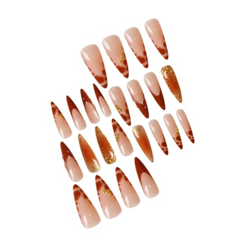 Long Stiletto Press on Nails Brown French Tip Fake Nails with 3D Gold Rhinestone Design Full Cover Glossy Glue on Nails Acrylic False Nails for Women Girls 24 Pcs (Brown-23, L-23)