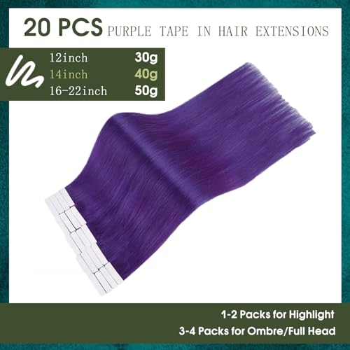 RUNATURE Purple Hair Extensions Human Hair Tape in Extensions 18 Inch 50g 20pcs Tape in Hair Extensions Colored Highlight Party Thick Tape in Human Hair Extensions #Purple