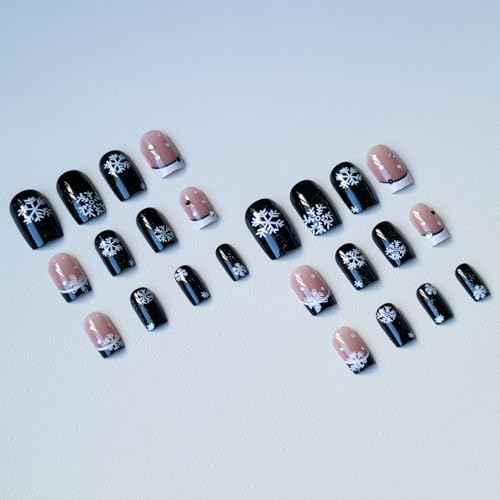 Snowflake Press On Nails: Short Square Christmas Fake Nails with Designs, Black Glitter & White French Tips, 24pcs
