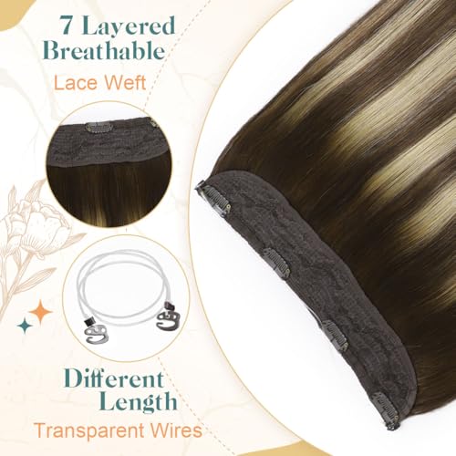 Sindra Wire Hair Extensions Real Human Hair 18Inch 85g Balayage Medium Brown Mix Caramel Blonde Fishing Line Extensions With Adjustable Clips Wire18#4/27/4