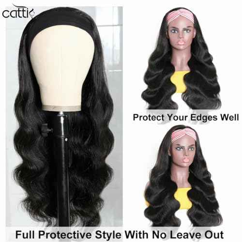 catti Headband Wig Human Hair Body Wave Headband Wigs Glueless None Lace Front Wigs Human Hair Brazilian Virgin Hair Machine Made Half Wigs for Black Women 150% Density (16" Headband wigs)