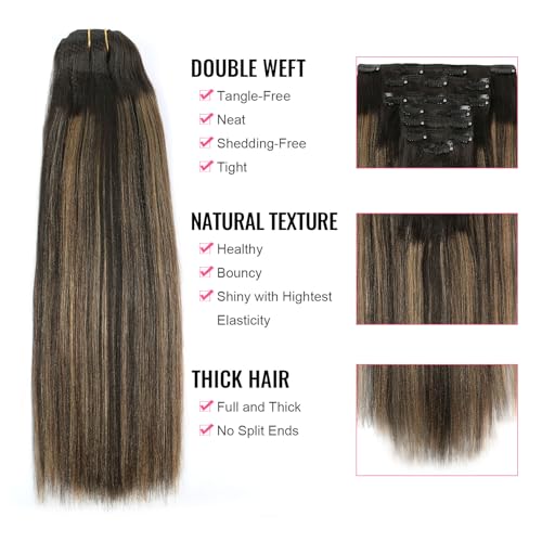 ABH AMAZINGBEAUTY HAIR Light Yaki Clip in Extensions Rooted Black Piano Natural Black Fading into Caramel Blonde Two Tone Yaki Straight Clip ins for Black Women 18 Inch 120G