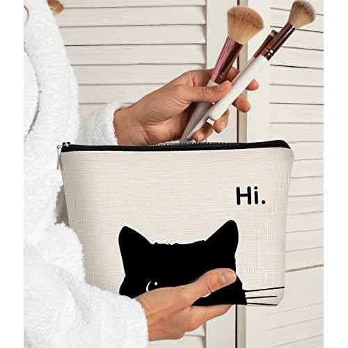 Cute Cat Makeup Bag, Kitty Cosmetic Zipper Travel Toiletry Bag, Black Cat Gifts for Women & Teen Girls
