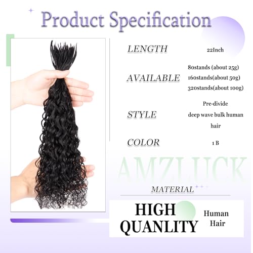 Pre-Divided Human Braiding Hair for Boho Braids Water Deep Wave Human Hair Bulk for Braiding Curly Human Hair for Boho Locs Boho Crochet Braids Human Hair Extensions (1B, 22"-320Strands)