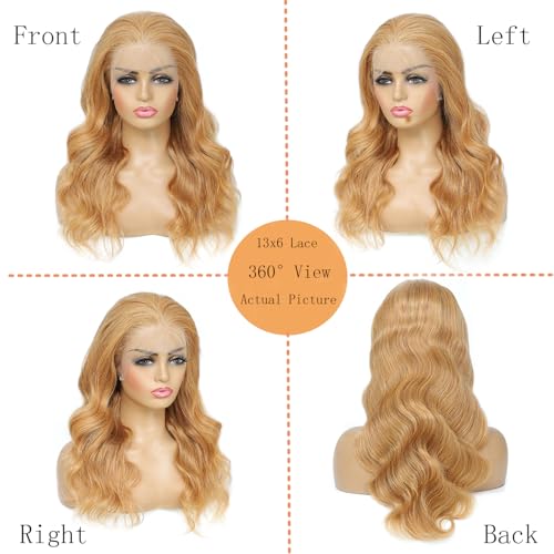 Honey Blonde Lace Front Wig 13x6 HD Lace Front Wigs Human Hair Pre Plucked 27# Blonde Body Wave Lace Wig 180 Density Colored Glueless Frontal Wigs For Black Women Human Hair 13x6 22 Inch