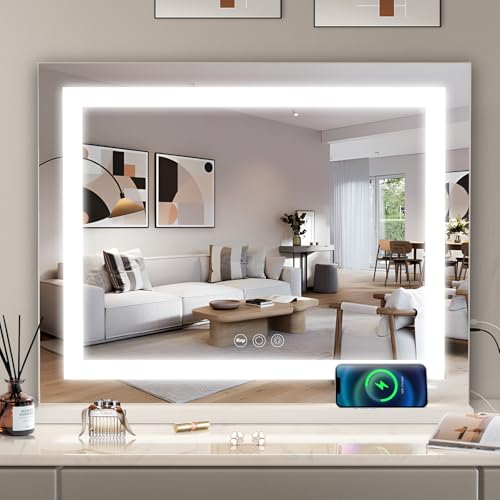 Misavanity Vanity Mirror with Lights Tempered Glass 22.8" x 18.1" Lighted Makeup Mirror with Light Strip Crushed Crystal 3 Colors Modes Dimmable Lights USB Charging Port and 10X Magnification, White