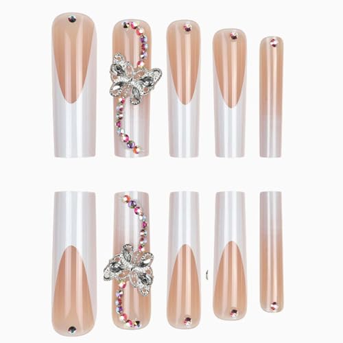 Long Square Press on Nails Luxury French False Nails 3D Butterfly Nails Tips Full Cover Nude Fake Nails for Women and Girls 24PCS
