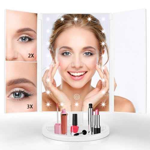 JAMIEWIN Lighted Makeup Mirror 3X/2X/1X Magnification 21 LED Trifold Vanity Mirror with Touch Sensor Dimming Portable Travel Mirror Best Xmas Gifts for Women Girls