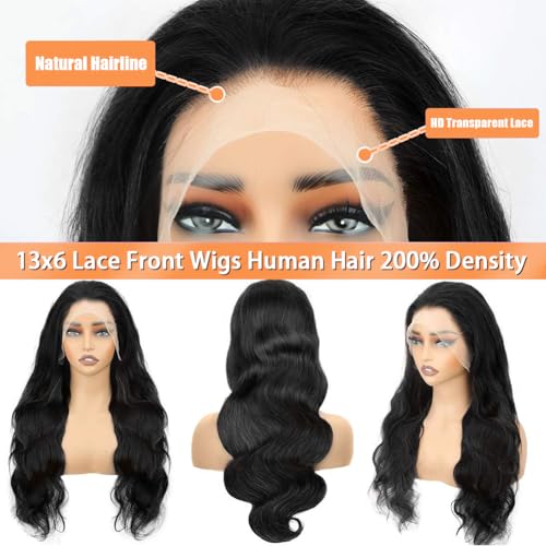 Body Wave Lace Front Wigs Human Hair 13x6 HD Lace Frontal Wigs Human Hair Pre Plucked with Baby Hair 200 Density Glueless Wig Brazilian Virgin Human Hair for Black Women Natural Color 22 Inch