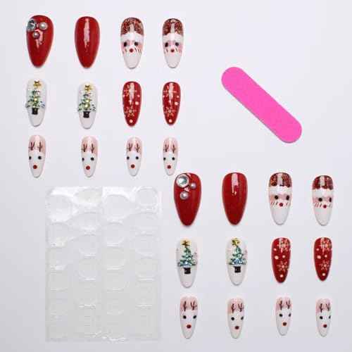 Christmas Press on Nails for Women Girls Holiday Manicure, Short Almond Fake Nails with 3D Pearl Christmas Tree Designs, Full Cover Reusable Acrylic False Nails 24Pcs