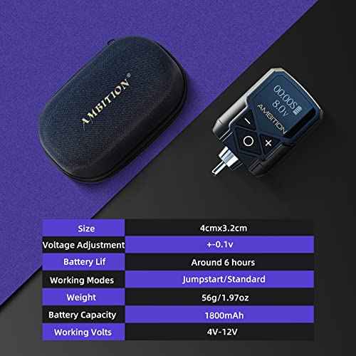 Tattoo Power Supply - Ambition Kuark Mini Wireless Portable RCA Tattoo 1800mAh Lithium Battery Pack with LED Digital Display for Rotary Tattoo Machine