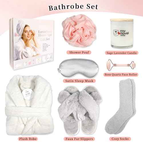 Birthday Gifts for Women,Spa Robe and Slippers Set, Bathrobe With Silky Satin Sleep Mask, Scented Candle Self Care 7 Pack Suitable for Christmas Thanksgiven Day Grey