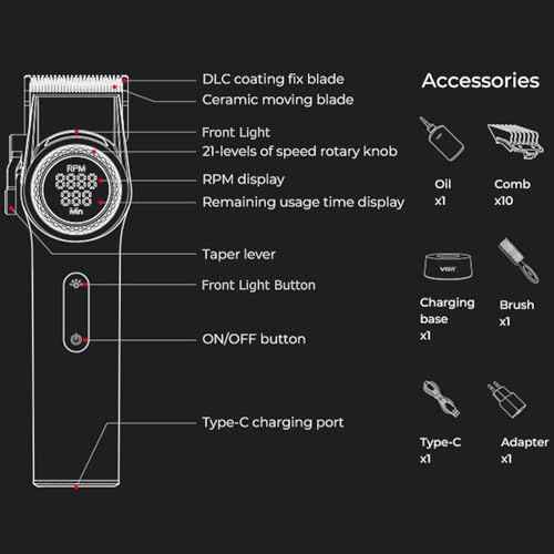 VGR 001 Professional Hair Clippers for Men, Cordless Barber Clippers for Hair Cutting, Carbon Steel Blade Hair Trimmers for Barbers, 9000RPM, LED Display, Black