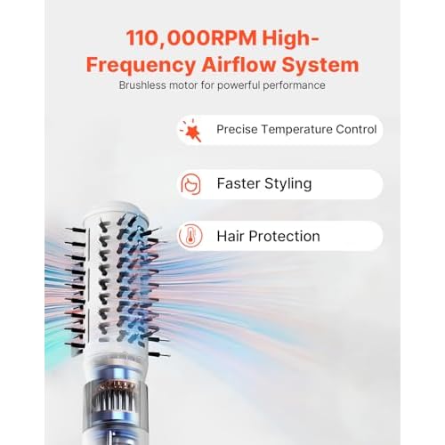 VEVOR Hair Dryer Styler, 110,000RPM High-Speed Hot Air Styler with Brushless Motor, Paddle & Oval Brush, Negative Ionic Hair Dryer Brush, One-Step Styling Tool for Fast Drying Volumizing Straightening