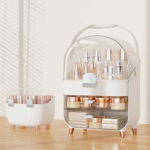 Makeup Organizer for Vanity, Skincare Organizer with Drawers, Storage Box with Handle, Cosmetic Display Cases for Dresser, Bathroom, Countertop, Christmas Gifts for Teen Girls (Silver)