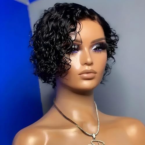 Short Curly Lace Front Wig for Black Women Human Hair Bob Wig Pre Plucked 13x4 Lace Wig Wavy Pixie Cut Wig 1B Color 150% Density